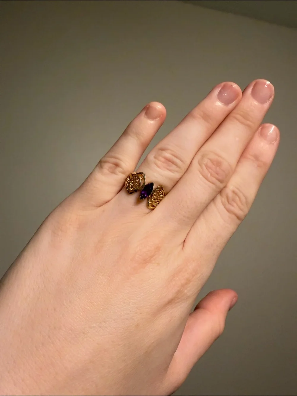 Vintage 10K Gold Amethyst Marquise Filigree Statement Ring